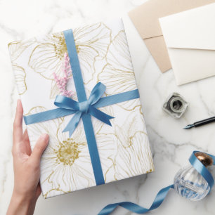 Papel De Regalo Línea de flores doradas chic patrón floral blanco