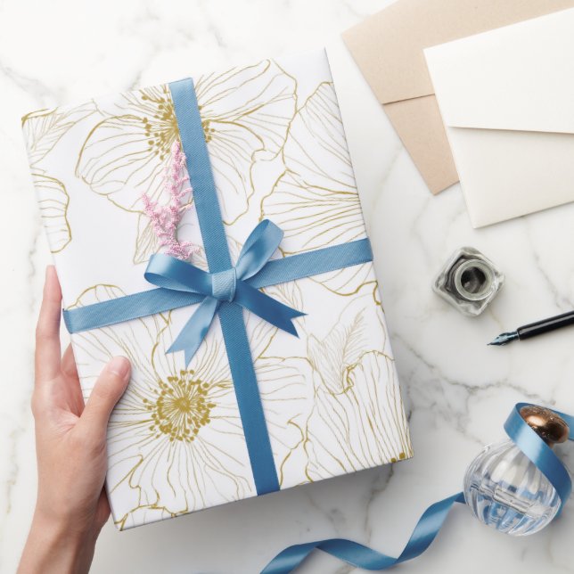 Papel De Regalo Línea de flores doradas chic patrón floral blanco (Regalar)