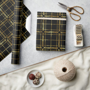 Papel De Regalo Líneas geométricas en negro y dorado