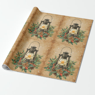 Papel De Regalo Linterna vintage acebo pino rústico festivo invier