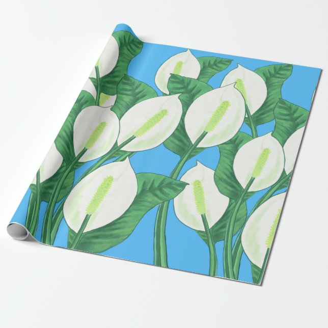 Papel De Regalo Lirios de la paz blancos sobre fondo azul pálido (Desenrollado)