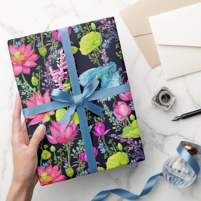 Papel De Regalo Lirios Rosados Y Aves Azules (Regalar)