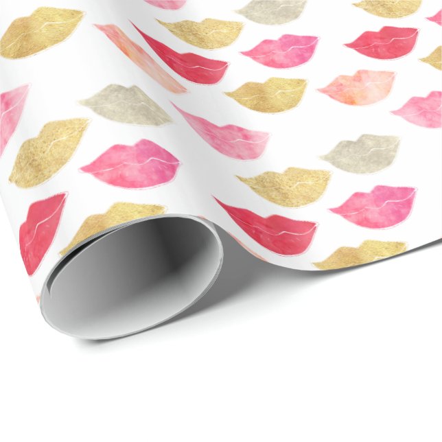 Papel De Regalo Litros de acuarela rosados rojos dorados (Esquina del rollo)