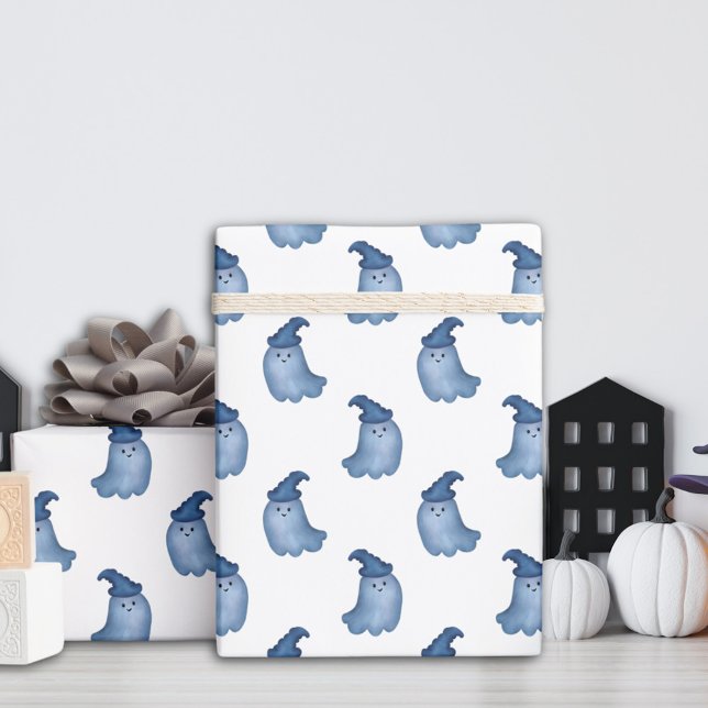 Papel De Regalo Little Boo Blue Ghosts Halloween Baby Shower (Subido por el creador)