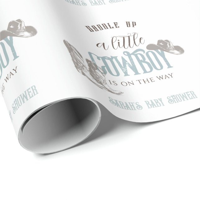Papel De Regalo Little Cowboy Western Blue Boy Baby Shower (Esquina del rollo)