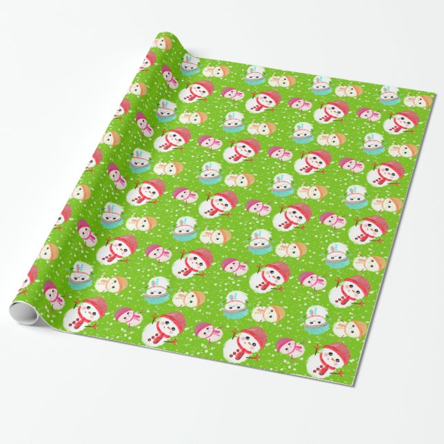 Papel De Regalo Little Snowman Green (Desenrollado)