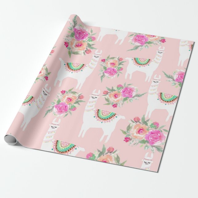 Papel De Regalo Llama acuarela sobre rosa coral (Desenrollado)