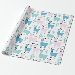 Papel De Regalo Llama Alapaca Blue Pink Baby Shower Birday