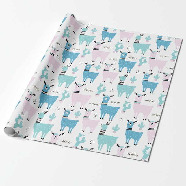 Papel De Regalo Llama Alapaca Blue Pink Baby Shower Birday (Desenrollado)