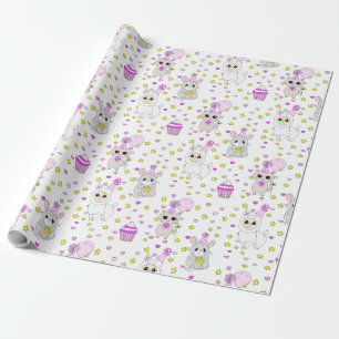 Papel De Regalo Llama Lindo, Gatito y Ratón Cupcake Morado Niña