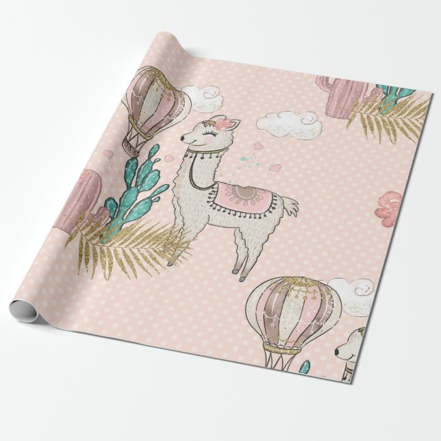 Papel De Regalo Llama Steampunk: Desierto Purpurina rosado y dorad (Desenrollado)