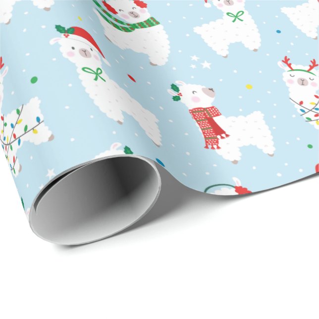 Papel De Regalo Llamas de Navidades cortos sobre azul claro (Esquina del rollo)