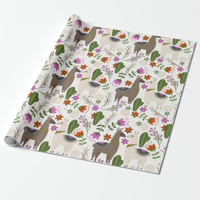 Papel De Regalo Llamas y cactus en blanco (Desenrollado)