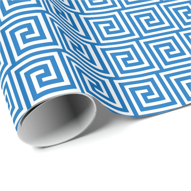 Papel De Regalo Llave griega, azul cerúleo y blanco (Esquina del rollo)