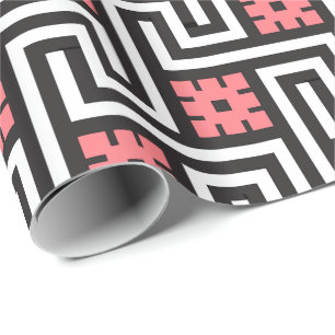 Papel De Regalo Llave griega decorativa, rosa negro, blanco y cora