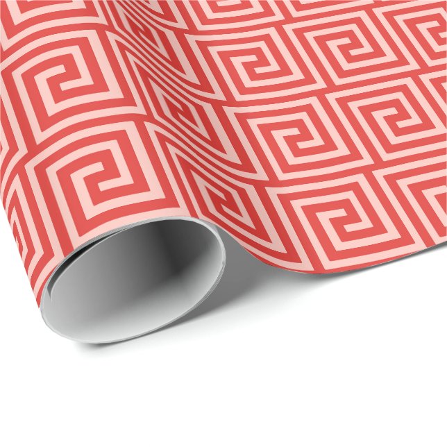 Papel De Regalo Llave griega, tonos rosa coral (Esquina del rollo)
