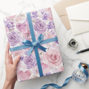 Papel De Regalo Lluvia de Flores de Corazones Rosados y Morados pa