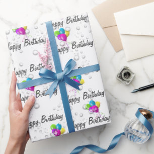 Papel De Regalo Lluvias de cumpleaños y globos en blanco