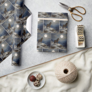 Papel De Regalo Lobo solitario en una cima bajo la luz de la luna