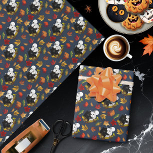 Papel De Regalo Lobos Blanco Negro Luz de Luna Hojas de Otoño