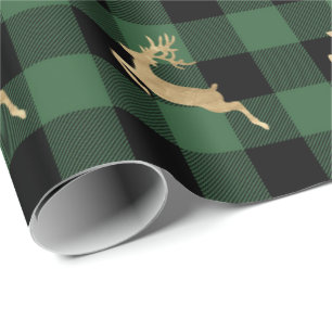 Papel De Regalo Lomberjack de búfalo Dorado Reindeo Madera Verde