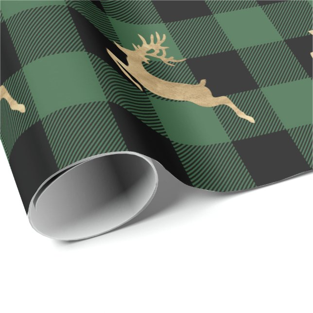Papel De Regalo Lomberjack de búfalo Dorado Reindeo Madera Verde (Esquina del rollo)