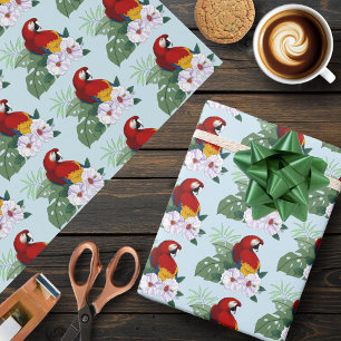 Papel De Regalo Loro Guacamayo Rojo Floral Hibisco Blanco Tropical