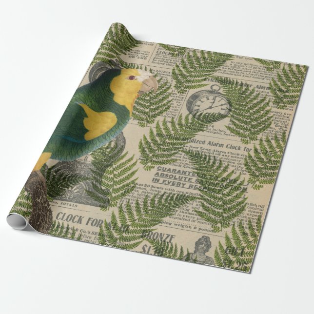 Papel De Regalo Loro verde y amarillo sobre hojas (Desenrollado)