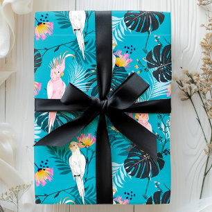 Papel De Regalo Loros Tropicales Hojas de Palma Azul Patrón