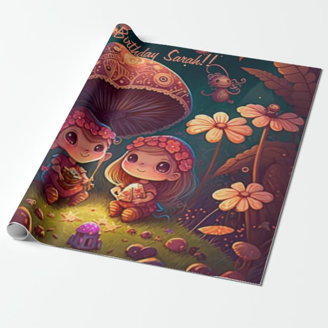 Papel De Regalo Los adorables elfos juegan bajo hongos (Desenrollado)
