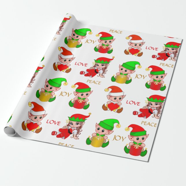 Papel De Regalo Los elfos de los Navidades curos en blanco (Desenrollado)