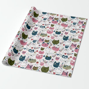 Papel De Regalo Los gatos se enfrentan a un patrón rosa verde cáli