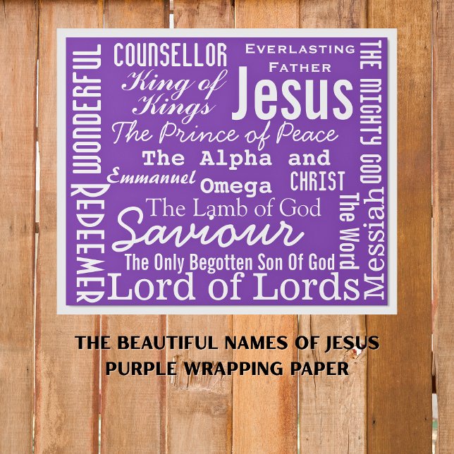 Papel De Regalo Los hermosos nombres de Jesús Púrpura (Jesus Names Purple Wrapping Paper)