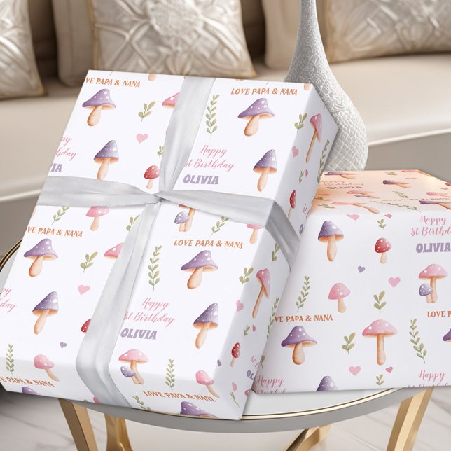 Papel De Regalo Los hongos morados rosados caen Nombre Chica Cumpl (Pink Purple Mushrooms Fall Name Girl Birthday Wrapping Paper)