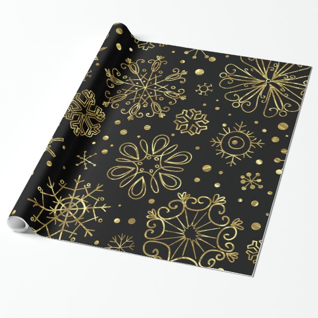 Papel De Regalo Los Navidades de oro hacen copos de nieve en negro (Desenrollado)