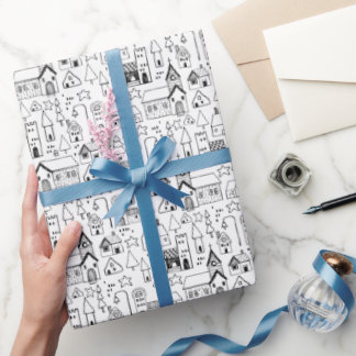 Papel De Regalo Los niños Navidades Aldea el Blanco y el Negro sin