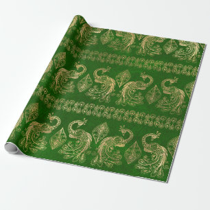 Papel De Regalo Los pavos reales del Boho en verde brillante