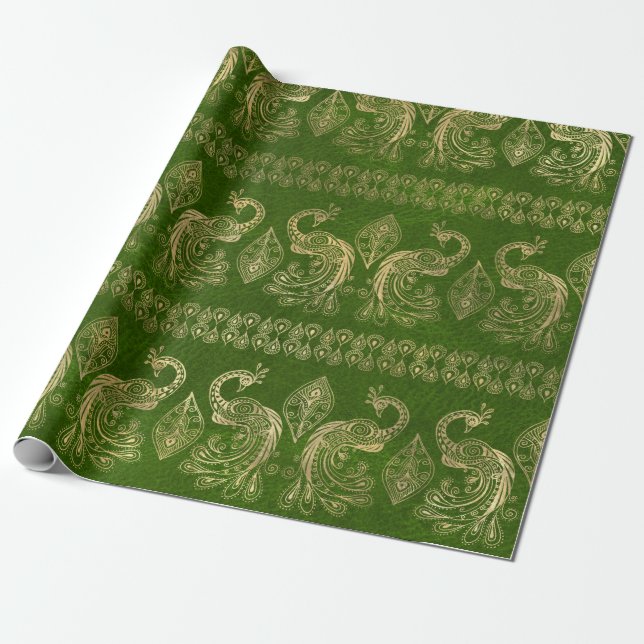 Papel De Regalo Los pavos reales del Boho en verde brillante (Desenrollado)