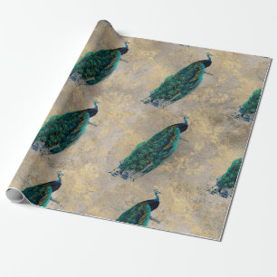 Papel De Regalo Los pavos reales Verde azulados sobre el oro