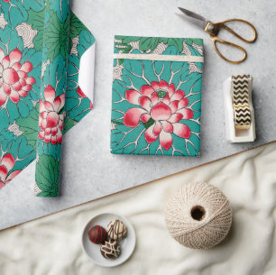 Papel De Regalo Lotos Chinos Rojo Rosa Verde Turquesa Patrón