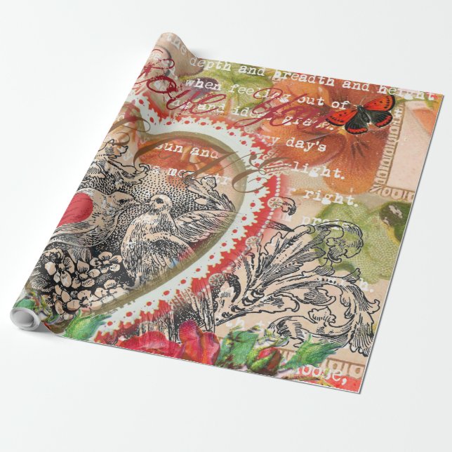 Papel De Regalo Love Birds Heart Red Art Collage (Desenrollado)