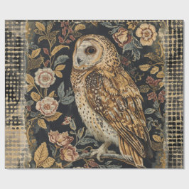 Papel De Regalo Lovely Owl in the Flowers Garden ,Gold Checkered 