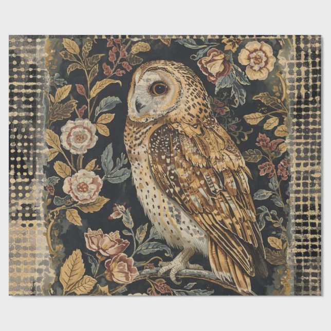 Papel De Regalo Lovely Owl in the Flowers Garden ,Gold Checkered  (Superficie plana)