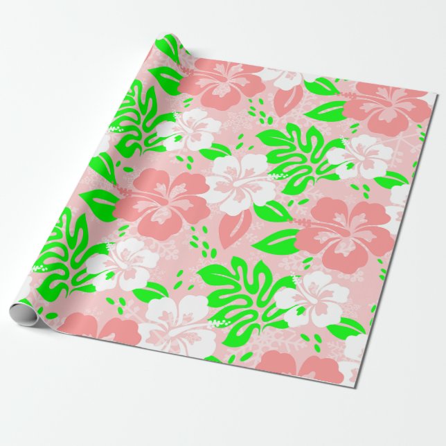 Papel De Regalo luau pink christmas hawaiian hibiscus floral xmas (Desenrollado)