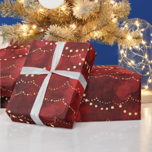 Papel De Regalo Luces de Hadas Carmesí y Doradas Navidad