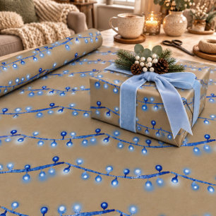 Papel De Regalo Luces de Navidad azules brillantes de Kraft rústic