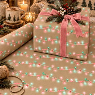 Papel De Regalo Luces de Navidad de Cuerda de Kraft Rústico con Ac