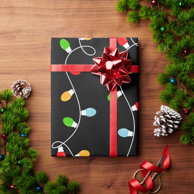 Papel De Regalo Luces de Navidad Negras de Moda (Regalo de vacaciones)