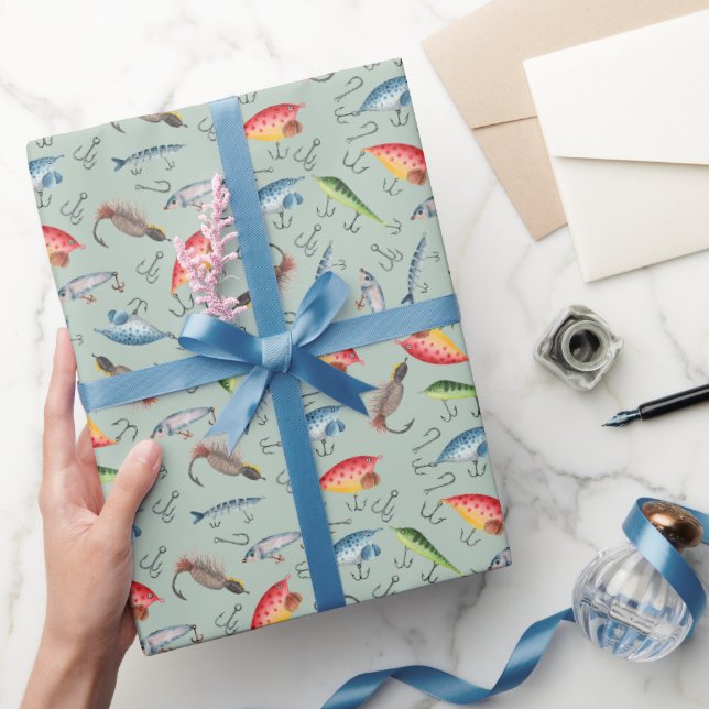 Papel De Regalo Luces de pesca sobre el verde claro (Regalar)