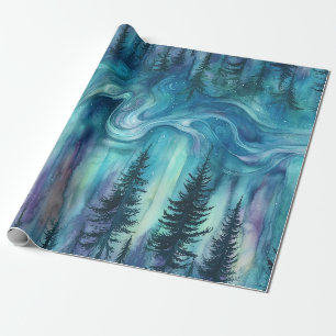 Papel De Regalo Luces Multicolores de Aurora Sobre Pinos Oscuros